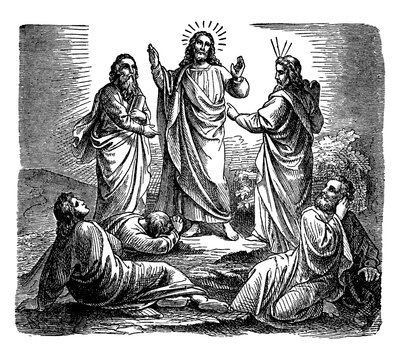 The Transfiguration of Jesus on a Mountain with Peter, James, and John vintage illustration.