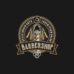 Barbershop logo with a complex design of elegant vintage details with professional scissors and razor elements, for your business and professional barbershop label with quality services.
