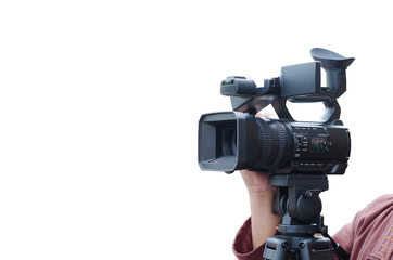 Professional video man hand holding Video camera operator camcorder working with his equipment isolated on white background