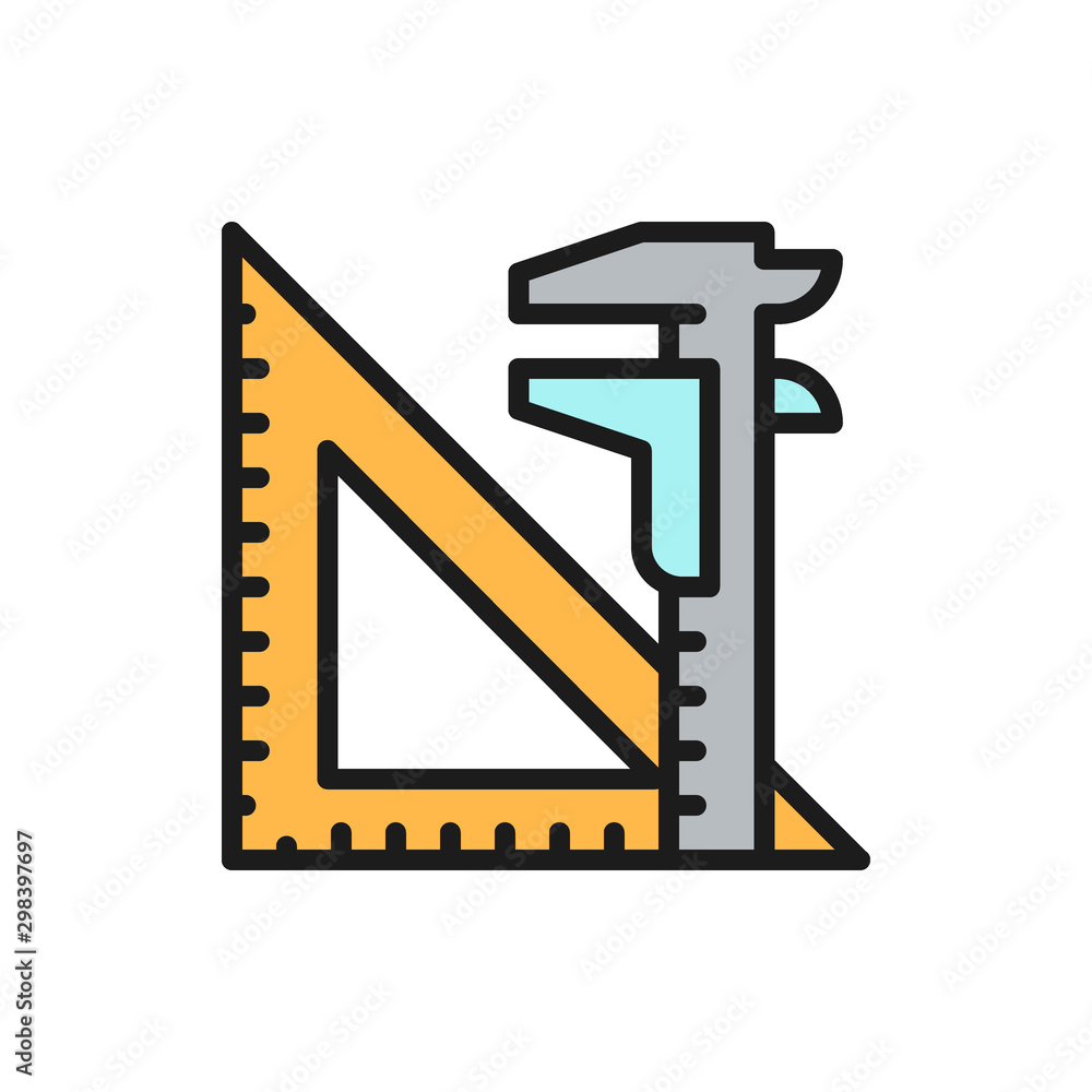 Poster Engineering tools, split key and triangular ruler flat color icon.