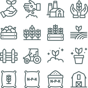Farming icons set vector illustration. Contains such icon as agriculture, planting, fertilizer, fence, barn and more. Expanded Stroke
