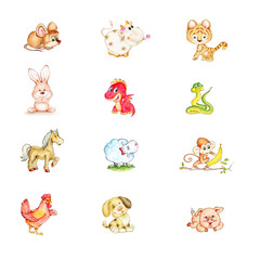 Set of 12 cute zodiac Chinese animals: rat, bull, tiger, rabbit, dragon, snake, horse, pig, monkey, dog, rooster, sheep  - 298399694