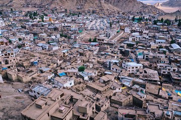 Landscape of Leh Ladakh from Leh  palace ,pattern of the same buildings made from soil in a cube shape. 