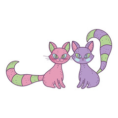 pink and purple cats sitting with striped tails