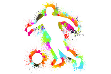 Plakat Silhouette of soccer football player. Vector colorful paint, drops, ink splashes, Sport, Goal, Exercise, Logo, Symbol. Illustration background.