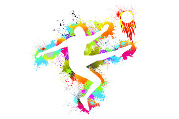 Fototapeta na wymiar Popular sports, Soccer player kicks the ball, Goal, Exercise, Symbol, Silhouette, Fire flame, Beautiful colors, drops ink splashes, vector illustration, background.