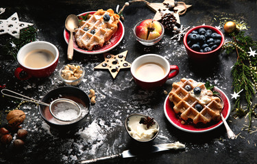 Christmas breakfast with waffles.