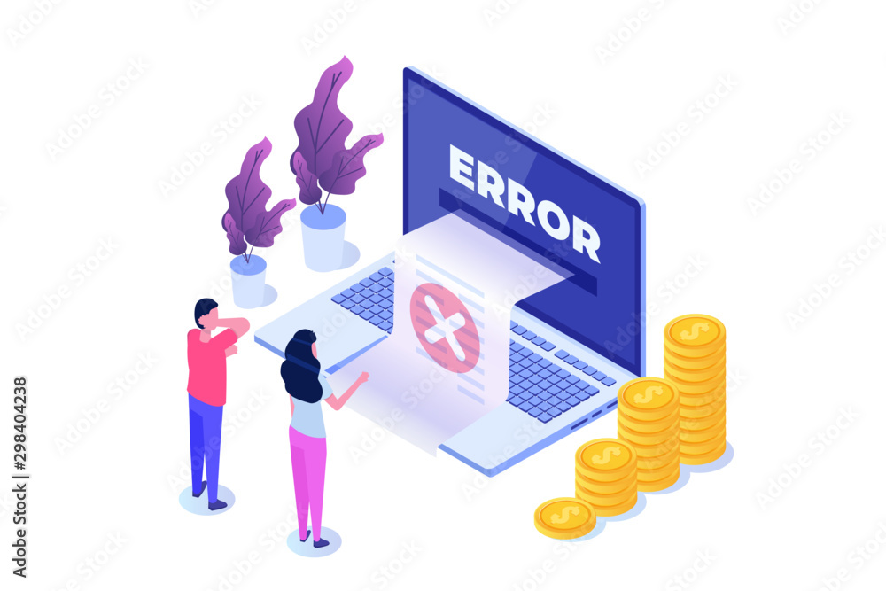 Poster payment error info message isometric concept. customer cross marks failure. vector illustration.