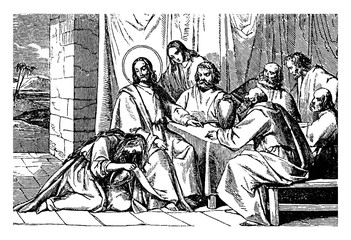 A Woman Washes and Anoints Jesus' Feet vintage illustration. © Morphart
