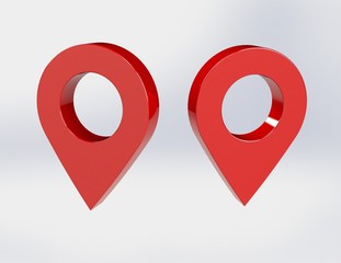 LOCATION pin glossy red arrow. The concept of tagging a sign landmark needle tip to create a route search. Isolated on white background 3D rendering 3D. – Illustration  