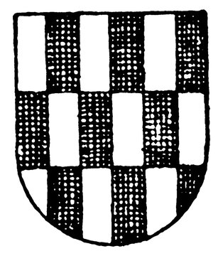 Paly of Six Ordinary with a fesse counterchanged, vintage engraving.