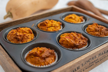 Home made Autumn Pumpkin Spice Muffins on a table