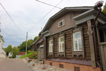 old wooden house on the street in small old russian town Plyos