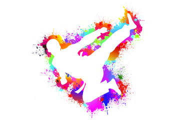 Obraz premium Popular sports of Taekwondo player. Colorful paint, drops, ink splashes, Goal, Logo, Icon, Exercise, Symbol, Silhouette, Background. Vector illustration.