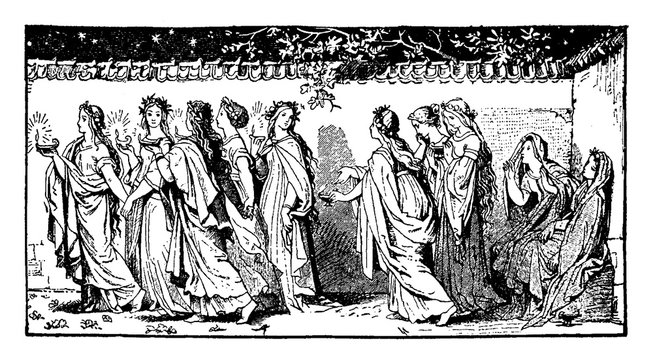 The Parable of the Wise and Foolish Virgins vintage illustration.