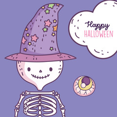 happy halloween celebration skeleton with hat and scary eye