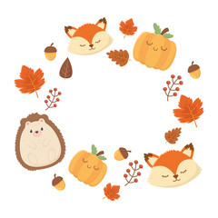 cute hedgehog fox heads pumpkins leaves autumn