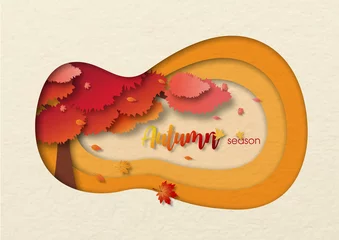 Fotobehang Small maple tree in Autumn and blowing leaves down with wording of season, All in cave hole and paper cut design on cream color background. © Atiwat