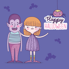 happy halloween celebration girl and boy with costumes and bats spiders