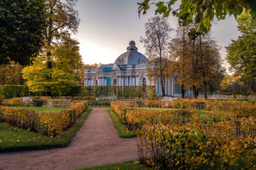 Golden autumn in Catherine Park, Pushkin, St. Petersburg, Russia. Pavilion 