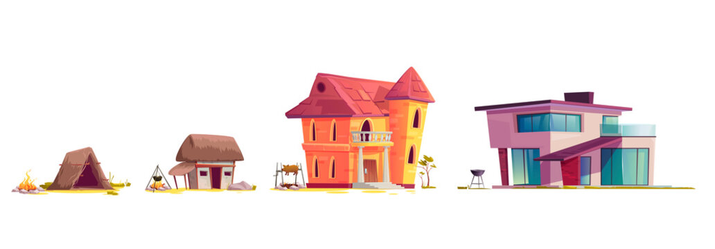 Evolution of house architecture, cartoon vector illustration. Human home dwelling development process, hut of branches icon, medieval rural house, old stone mansion and modern concrete villa isolated