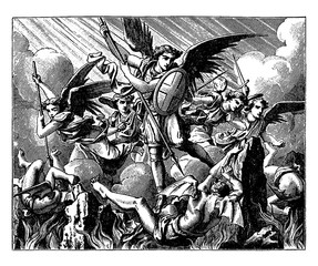 Lucifer's Fall from Heaven - Michael and Other Angels Fight Against the Vanquished Angels vintage illustration. - obrazy, fototapety, plakaty
