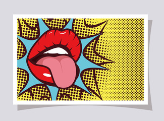 sexy woman mouth with tongue out and speech bubble pop art style