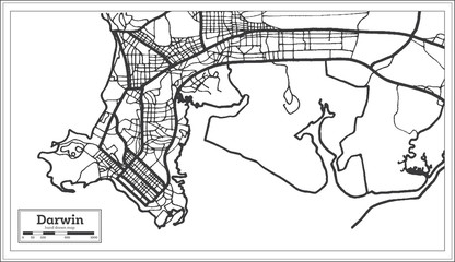 Darwin Australia City Map in Black and White Color. Outline Map.