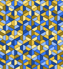 color trapezes. trapezium and hexagon geometric shapes. vector seamless pattern. simple blue and yellow repetitive background. textile paint. fabric swatch. wrapping paper. continuous print