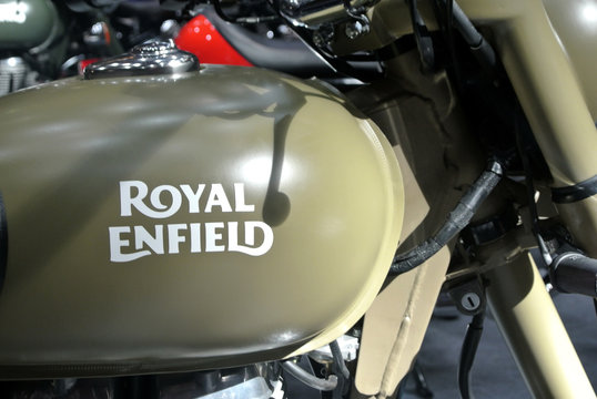 KUALA LUMPUR, MALAYSIA -MARCH 31, 2018: ROYAL ENFIELD motorcycle brand and logos at the motorcycle body. Royal Enfield motorcycle is originally from the United Kingdom but now and manufactured by Indi