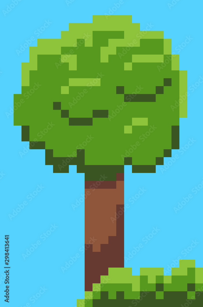 Poster pixel game elements vector, landscape part tree and bushes designed in 8 bit graphics, retro style n