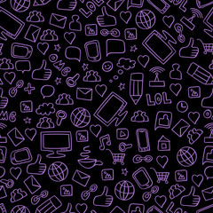 Dark seamless pattern with social media doodle elements. Purple hand drawn icons on black background. Vector illustration.