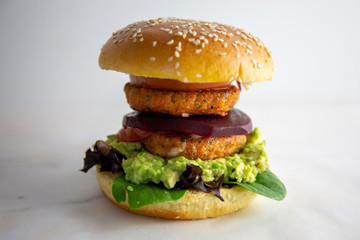 Brioche Burger Buns with Beef Pattie, Cheese, Tomato, avocado and Lettuce