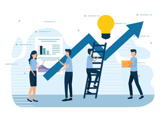 teamwork workers with arrow up and light bulb vector illustration design