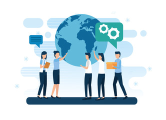 teamwork workers with planet earth and icons vector illustration design