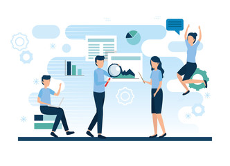 teamwork workers with infographics and icons vector illustration design