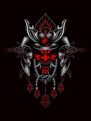 Samurai mask and helmet vector illustration with mandala as the background ornament, suitable for apparel merchandise, t-shirt or outerwear. © Jagat Kreasi