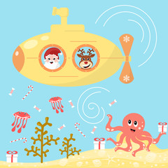 Santa Claus and reindeer in a yellow submarine delivering presents underwater