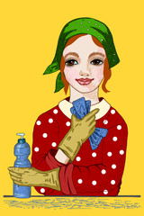 Young housewife dressed in a red dress, a green polka dot scarf and yellow rubber gloves thoughtfully holds a detergent bottle and sponge for washing dishes in his hands, color detailed illustration 