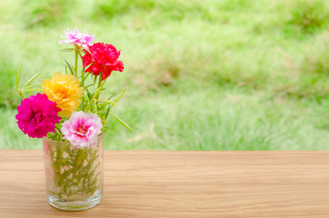 flower in a vase bottle on wood table and green background.