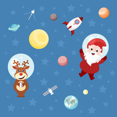 Santa Claus and reindeer delivering presents in space