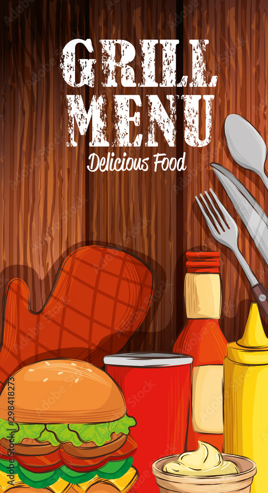 Canvas Prints grill menu with delicious food in wooden background vector illustration design