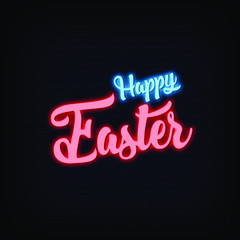 Obraz premium Happy Easter Neon Signs Style Text vector