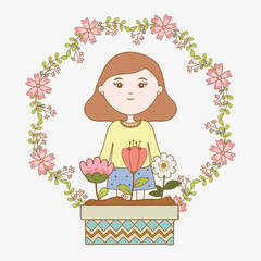 girl flowers potted gardening frame decoration cartoon