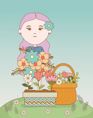 girl with bouquet flowers in pot basket field cartoon