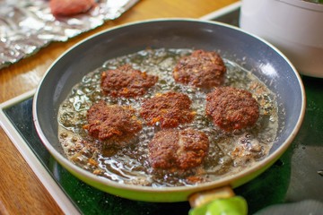 Μeat balls are fried in a pan with hot oil.Food concept.