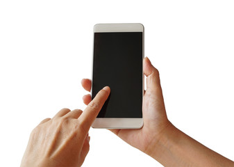 Old woman hand holding and touch smartphone on white background with clipping path, elder person learn to use new technology, selective focus.