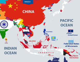 Obraz premium vector map of south east asian countries mixed with their national flags