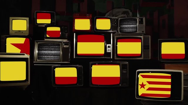 The Red Estelada Flag On Retro Tvs.  Catalan Flag. 