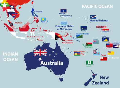 vector map of Australia, Oceania and South East Asian countries mixed with their national flags